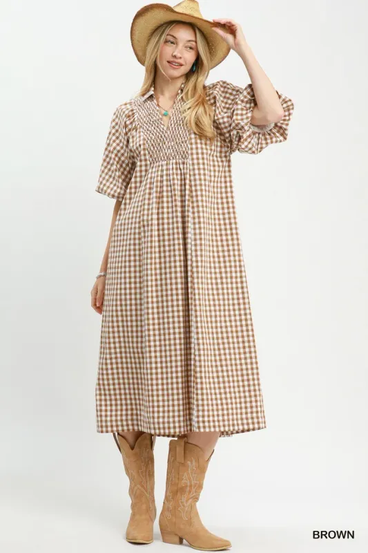 Brown Puff Sleeve Plaid Midi Dress
