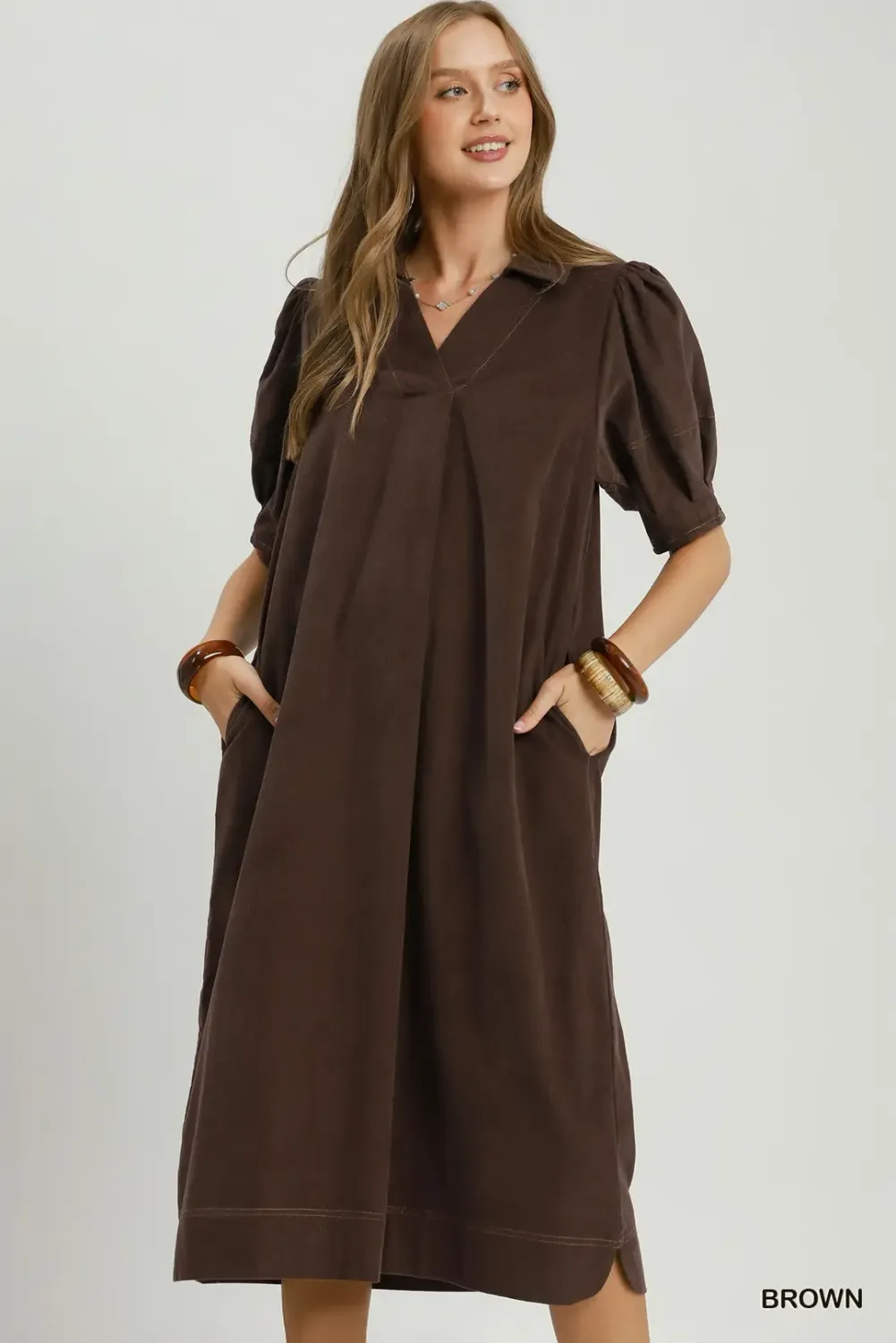 Brown Corduroy Puff Sleeve Midi Dress Brown Corduroy Puff Sleeve Midi Dress