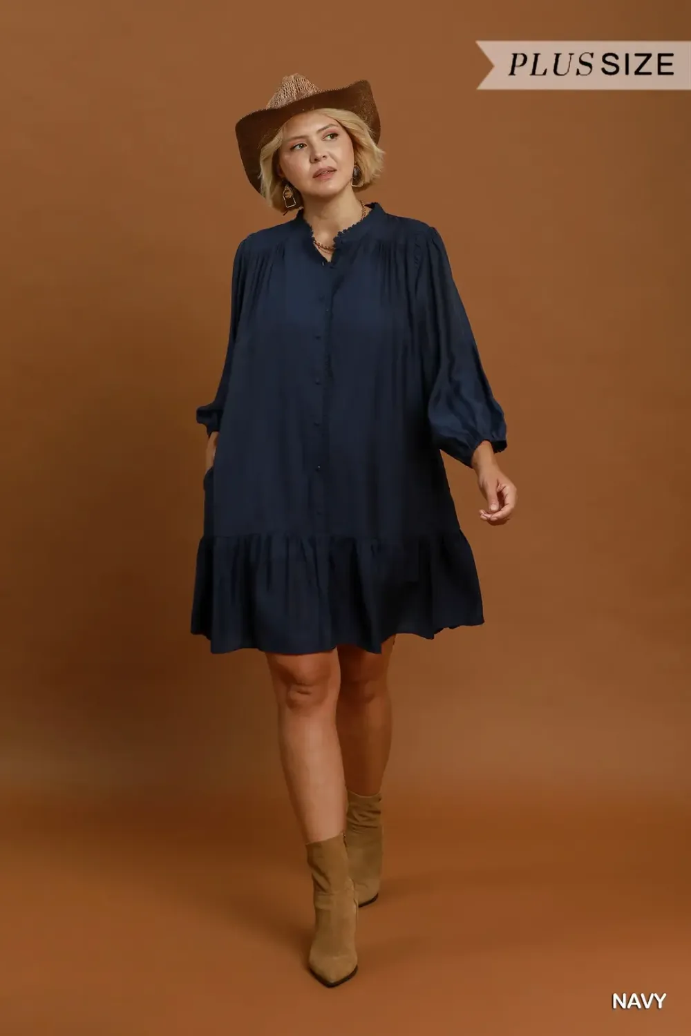 Navy Lace Trim Button Front Ruffle Dress Navy Lace Trim Button Front Ruffle Dress