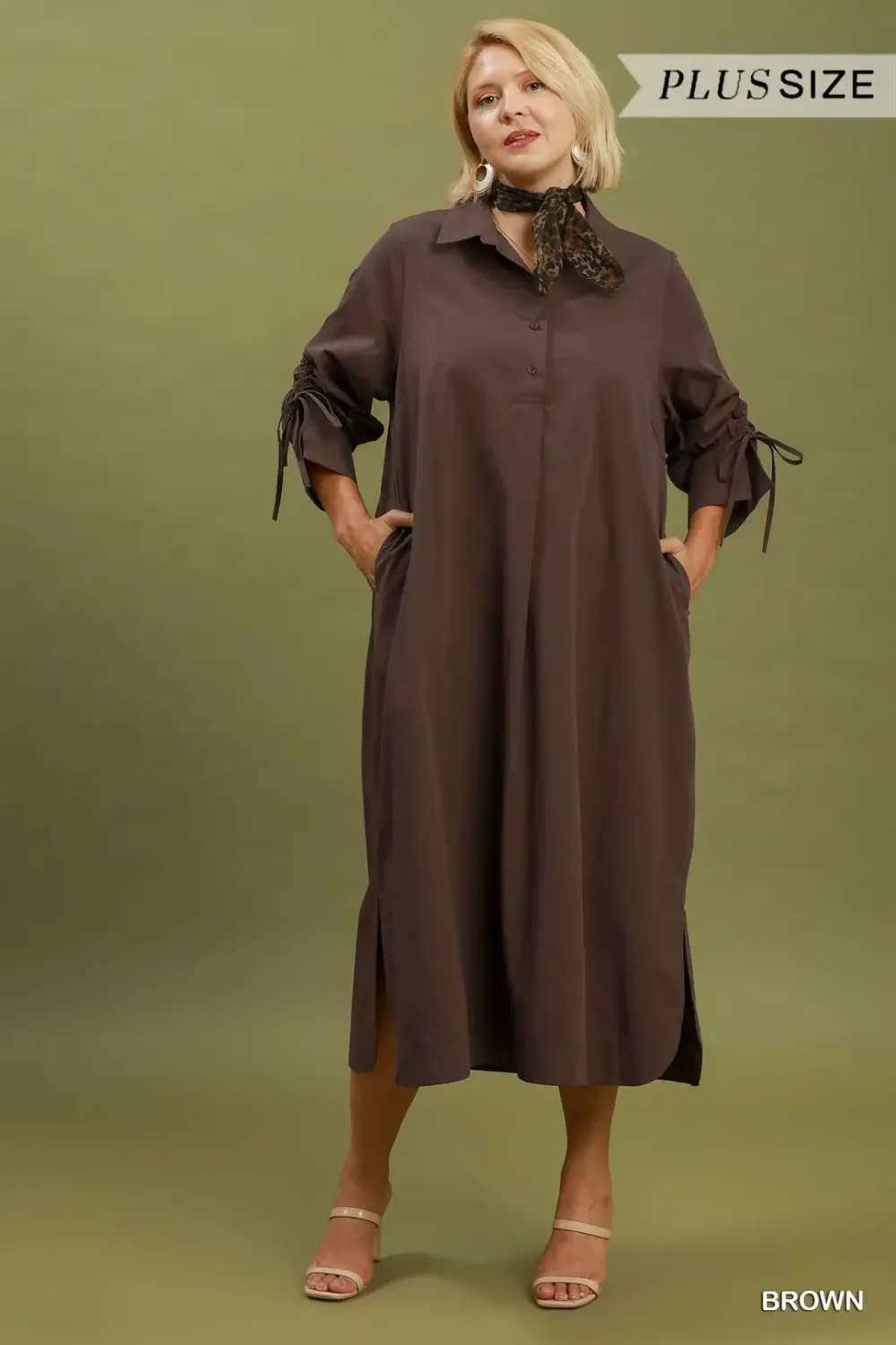 Brown Collared Button Detailed Midi Dress