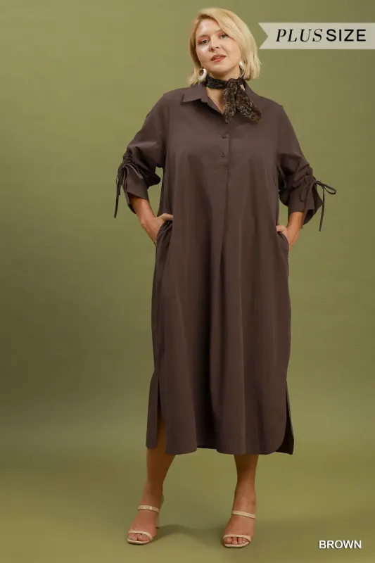 Brown Collared Button Detailed Midi Dress