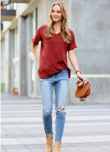 TAYLOR Cotton Short Sleeve Boyfriend V-Neck Tee