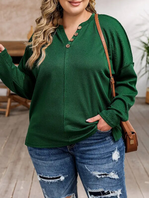 MADISON Exposed Seam Long Sleeve Buttoned Henley Top Plus Size