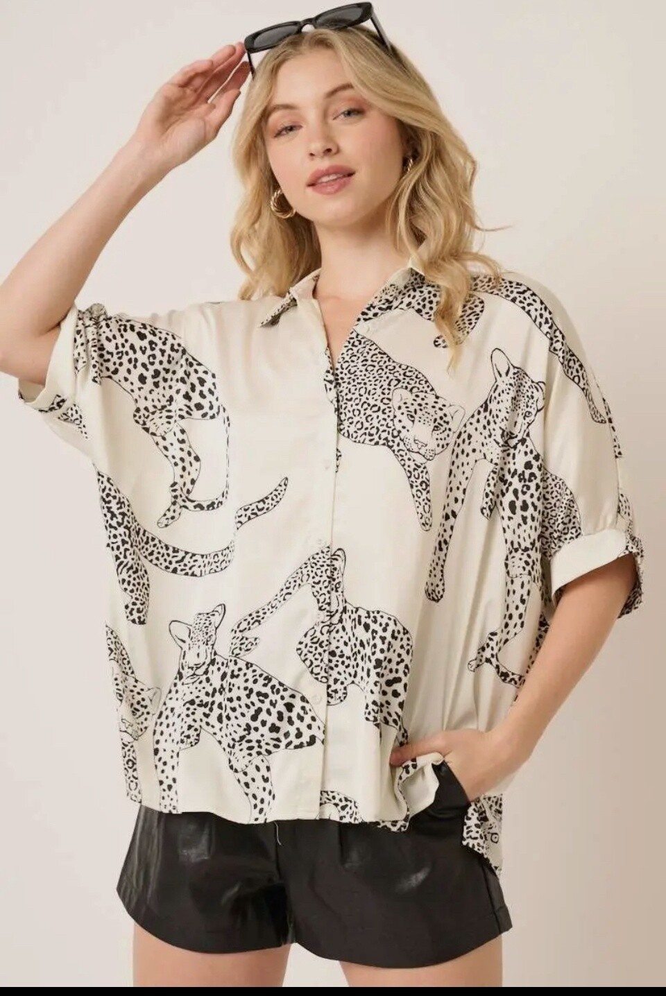 Karina Leopard Print Satin Dolman Sleeve Blouse plus size