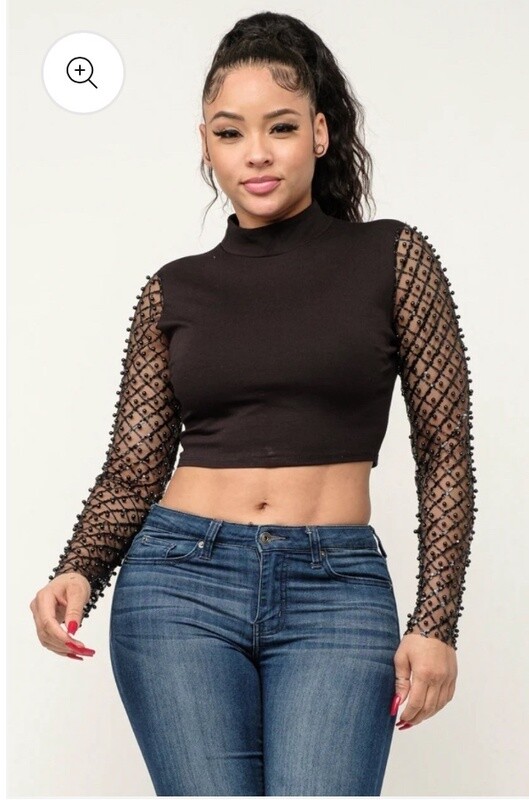 HANNAH BLACK BEADED PEARL MESH TOP