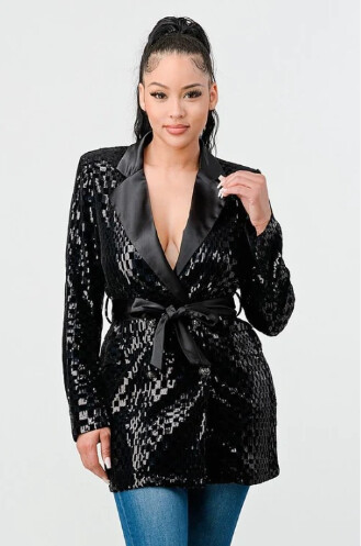 Angela Lux Satin Waist Tie Blazer