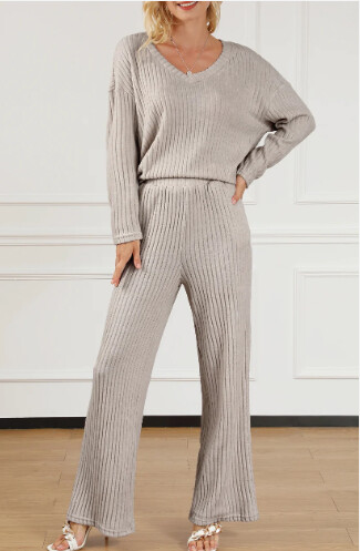Ruby Ribbed Knit V Neck Set