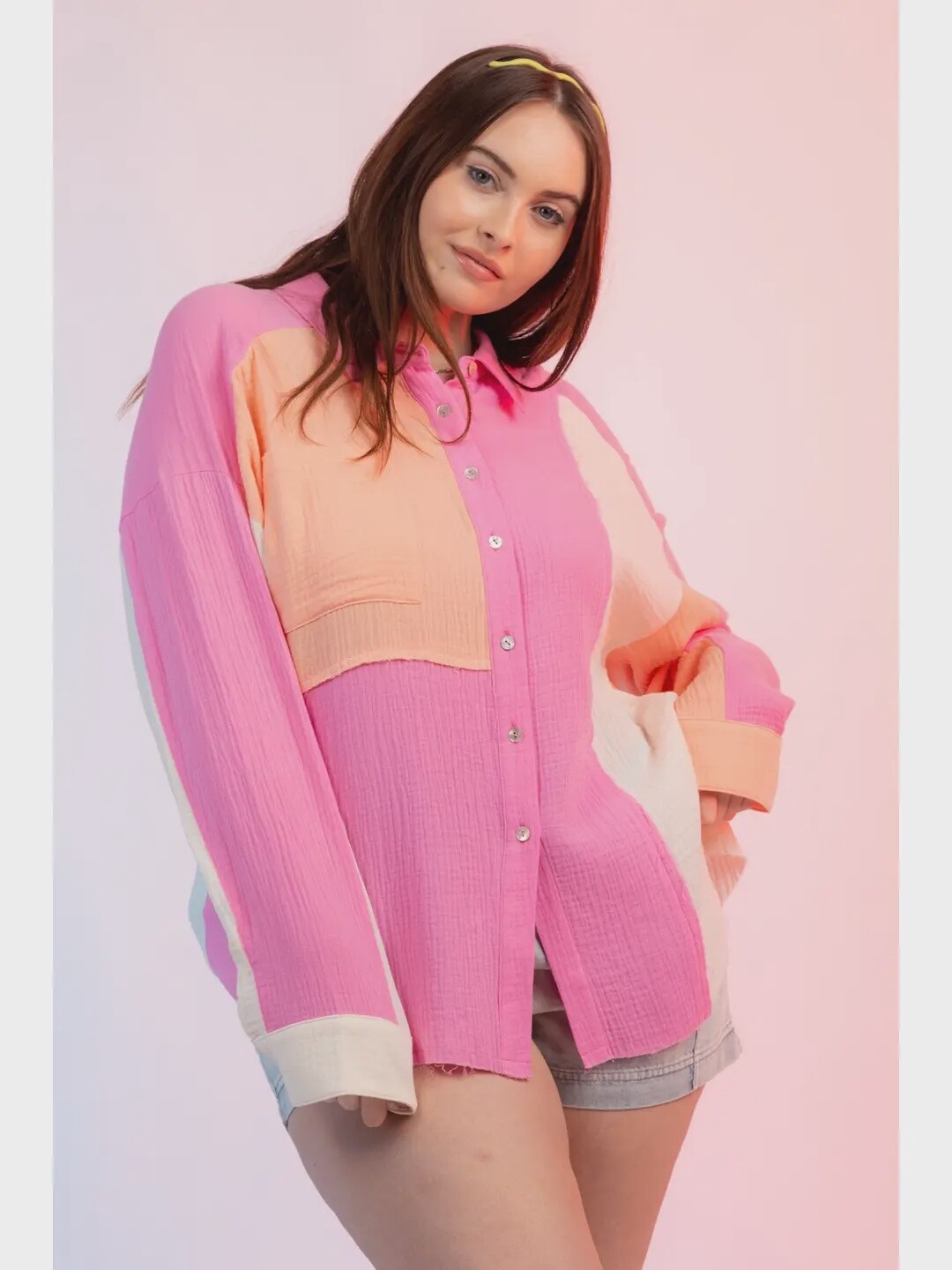 Gigi PLUS Size Color Blocked Button Down Shirt