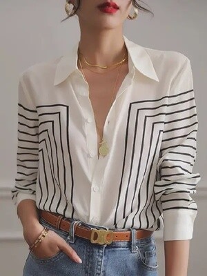 Heather Casual Long Sleeves Printed Lapel Blouse