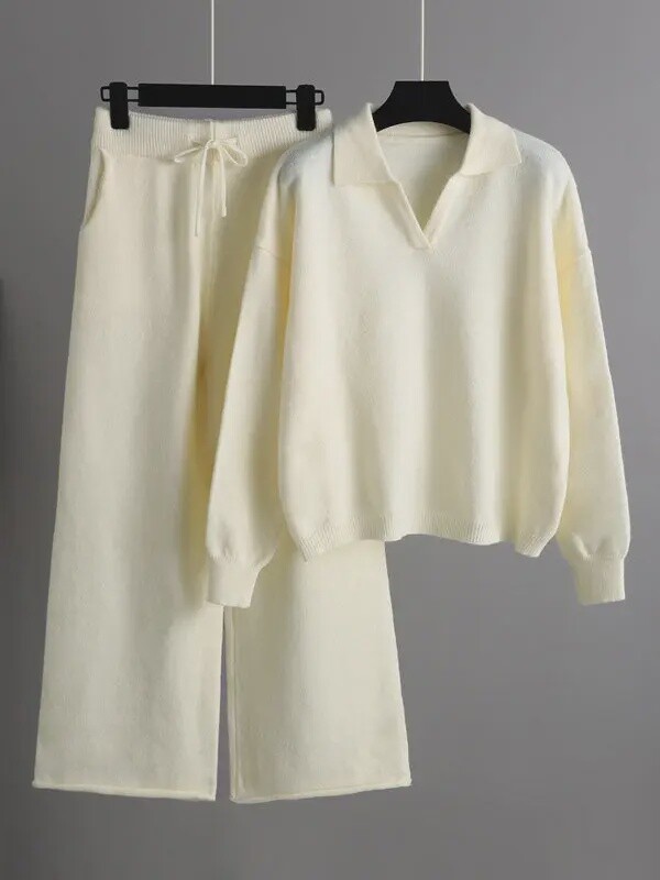 Irene Urban Long Sleeves Solid Color Polo Sweater Tops &amp; Wide Leg