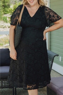 Eliana Black Plus Size Lace Flutter Sleeves Flare Midi Dress