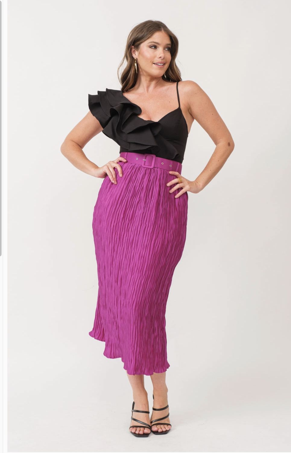 Isabelle Satin High Waist Belted Crinkle Midi Skirt