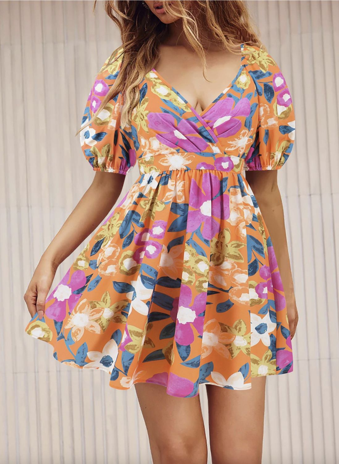 Cabo V-Neck Print Balloon Sleeve Cropped Dress