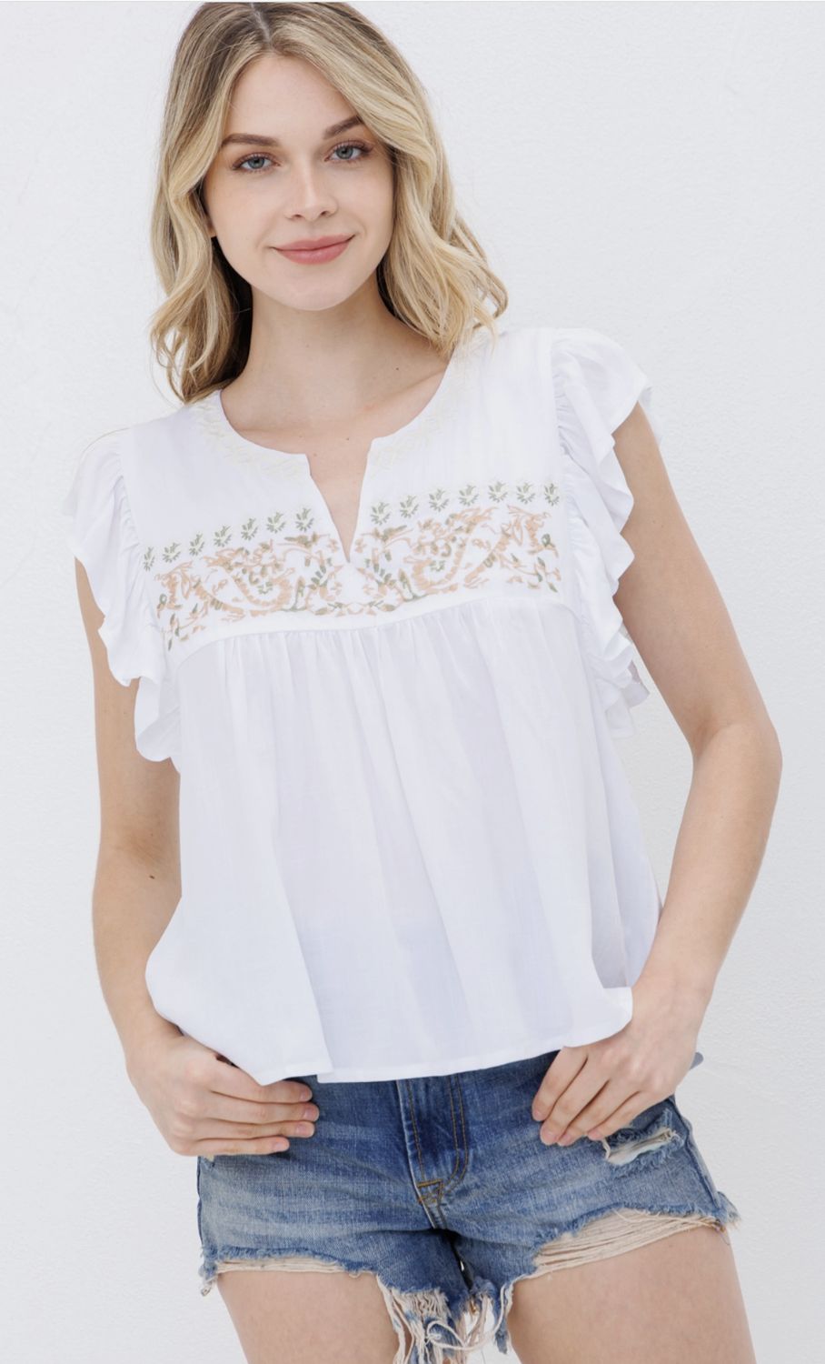 Susie Embroidered Yoke Slit Front Flutter Top