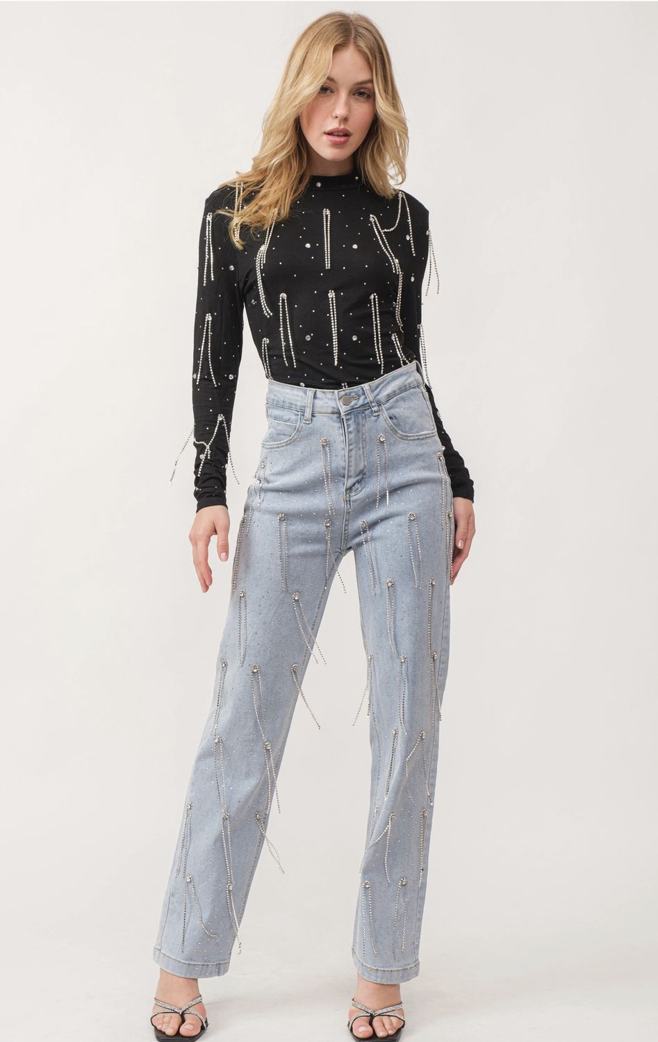 Jenny High Waisted Rhinestone Fringe Stretch Denim Pants