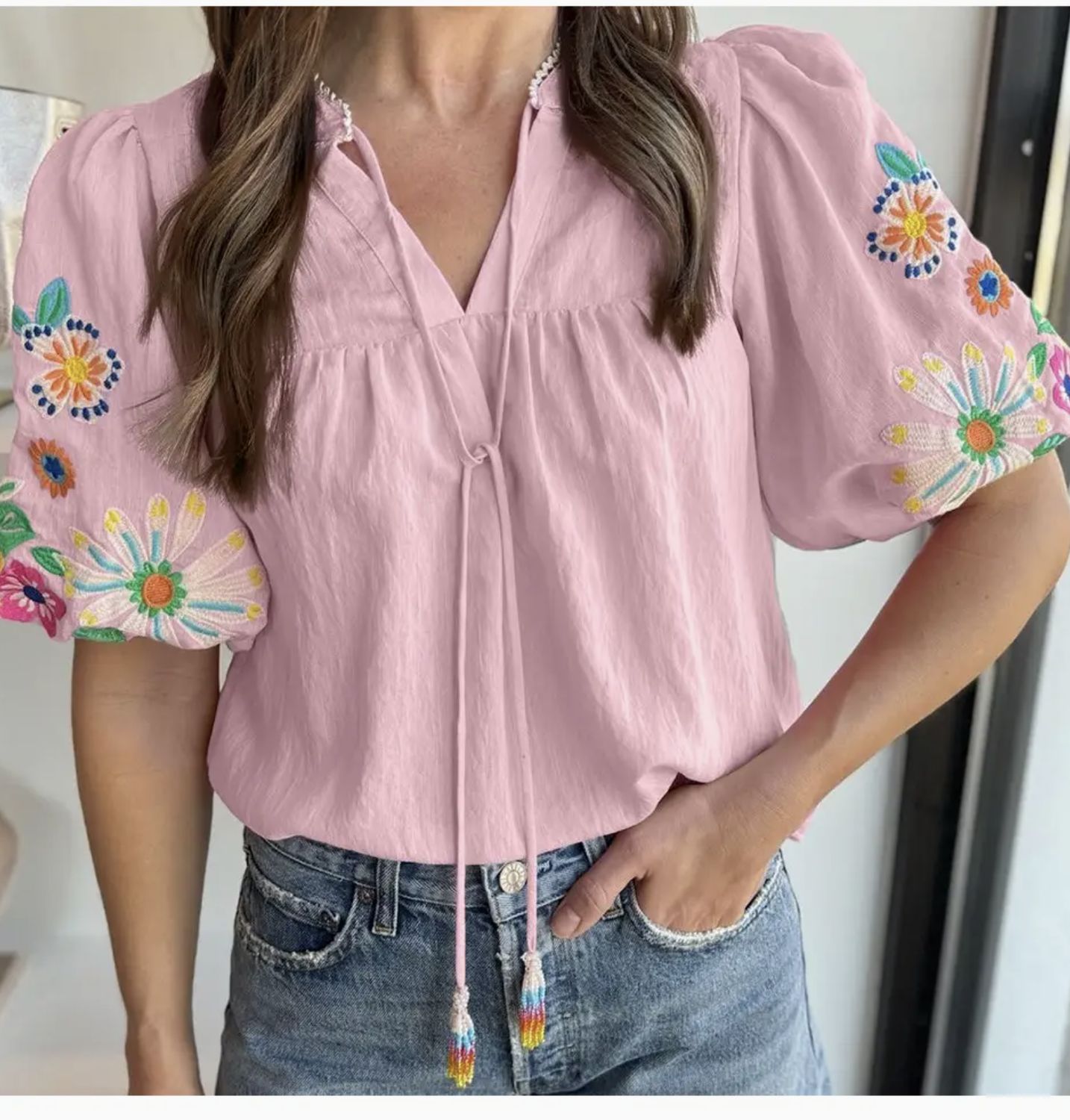 Inti Embroidered Puff Sleeve Split Neck Blouse