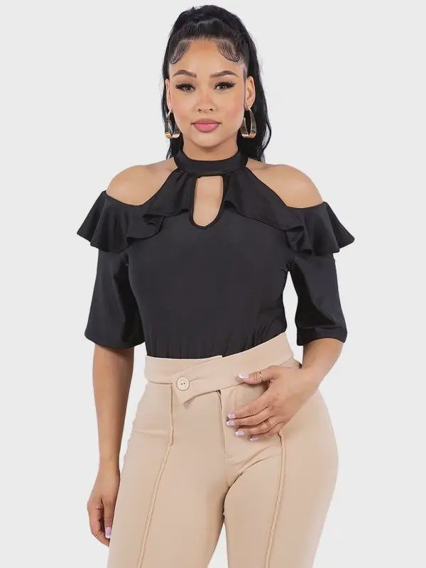 Britze Solid Cold Shoulder Cutout Blouse