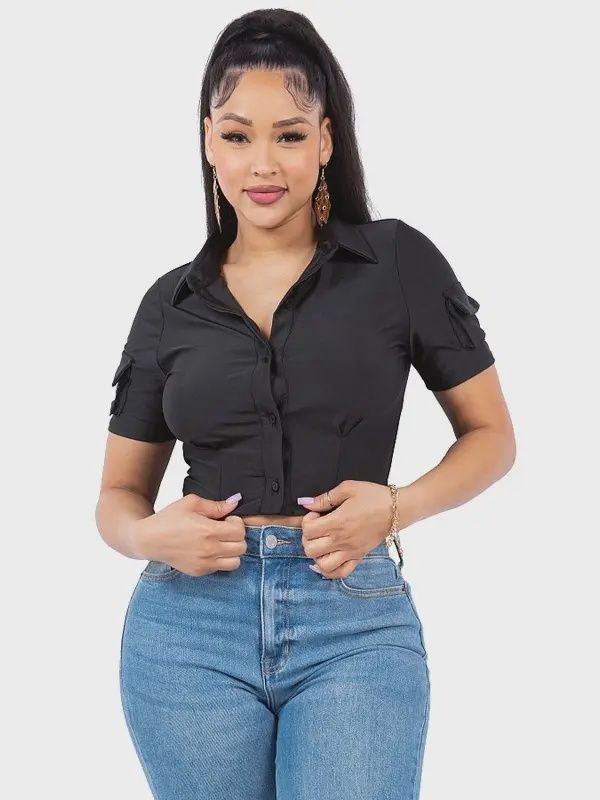 Nitza Solid Collared Button Down Pocket Sleeves Shirts