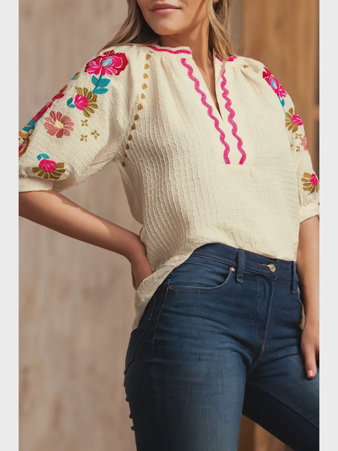 Nila Embroidered Ricrac Puff Sleeve Texture Blouse