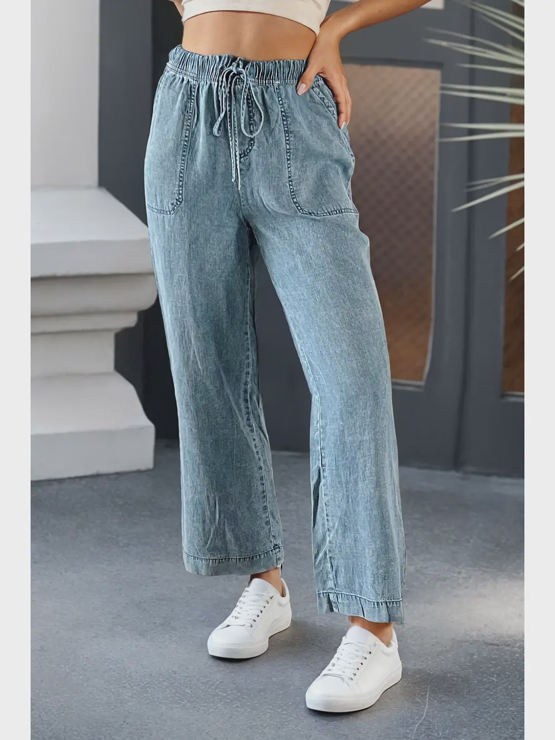 Minerva Mineral Wash Drawstring Waist Loose Straight Denim Pants