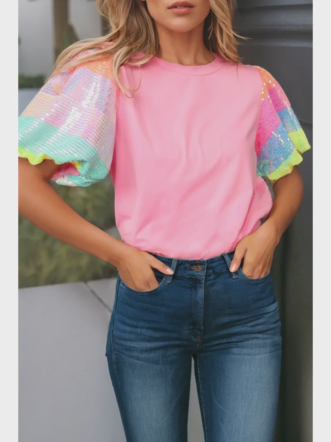 Sheri Sequin Colorblock Striped Puff Sleeve Blouse