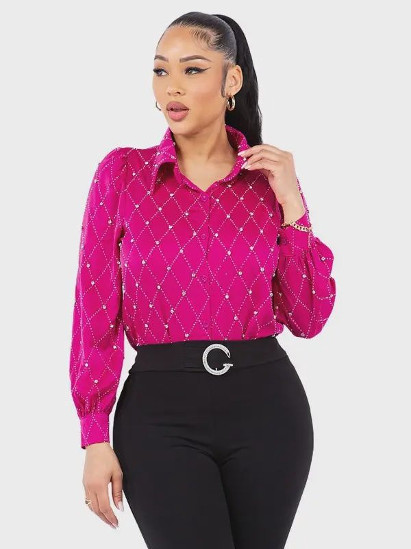 Miriam  Satin &amp; Rhinestone Button Down Collared Shirts