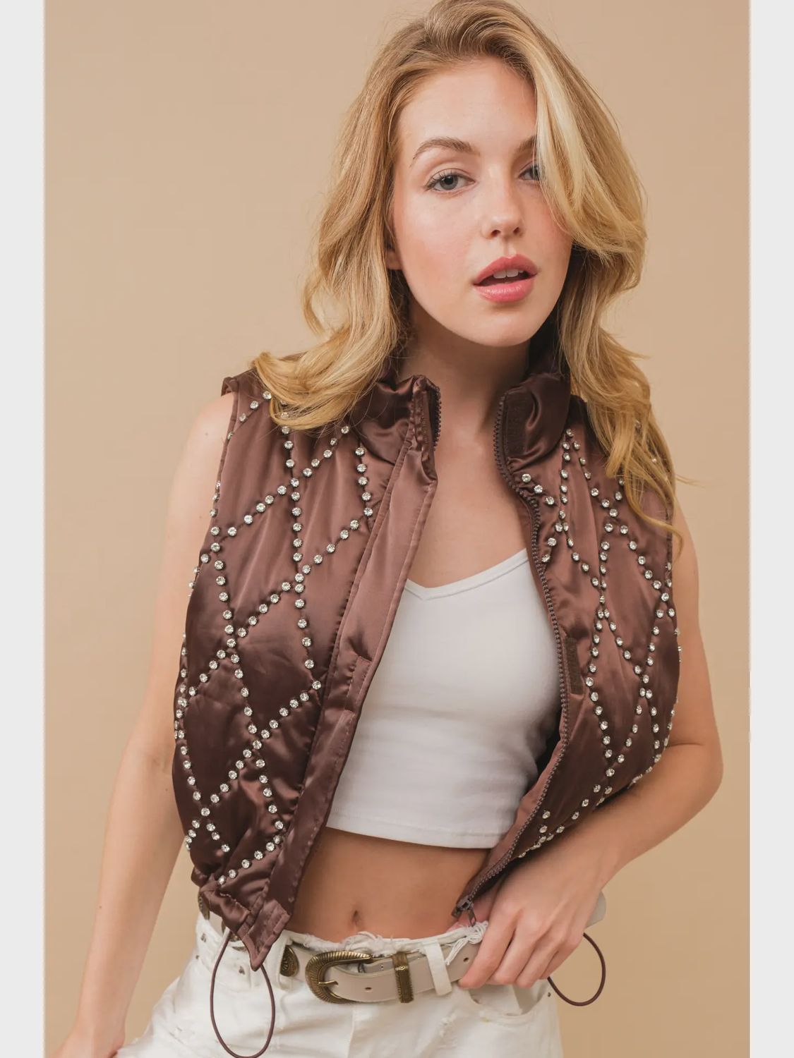 Gala Shiny Woven Studded Crop Puffer Zip Up Vest