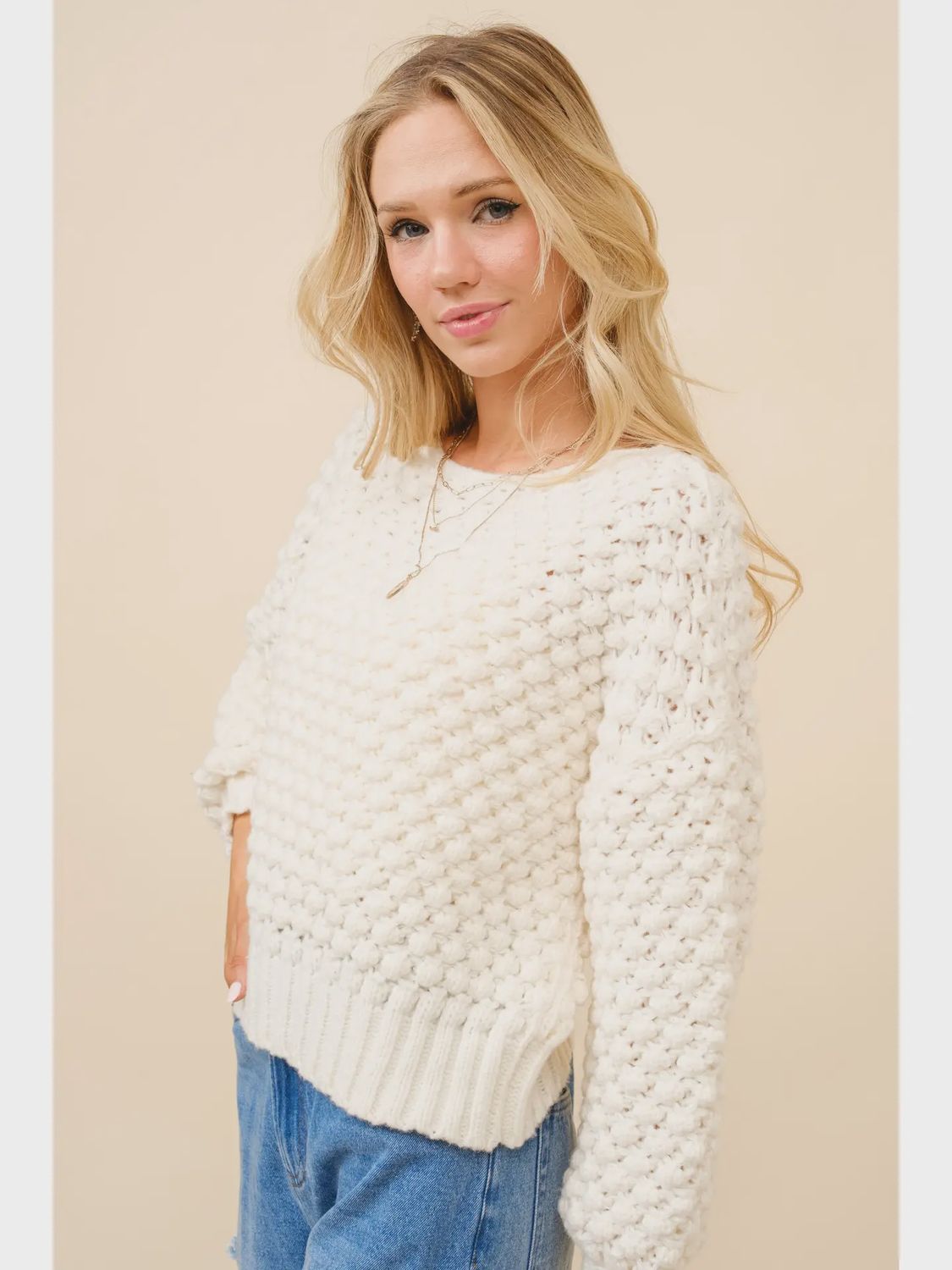 Bubble Textured Crew Neck Pullover Sweater