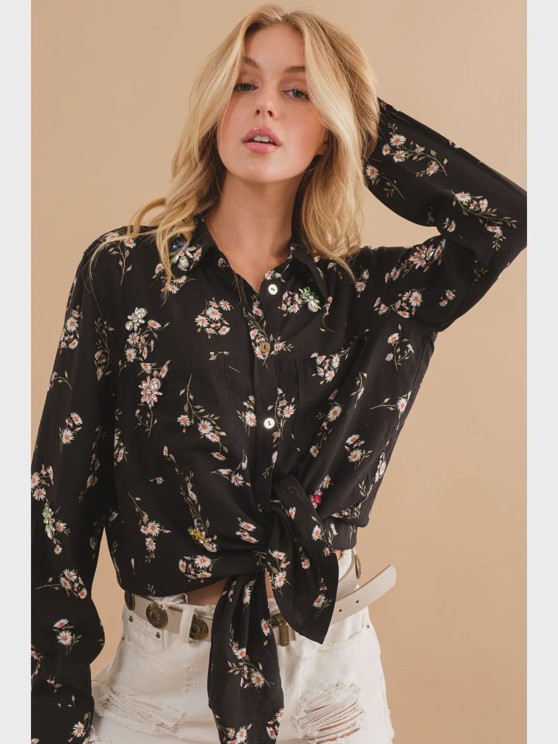 Daisy Floral Button Up Jeweled Shirt Blouse