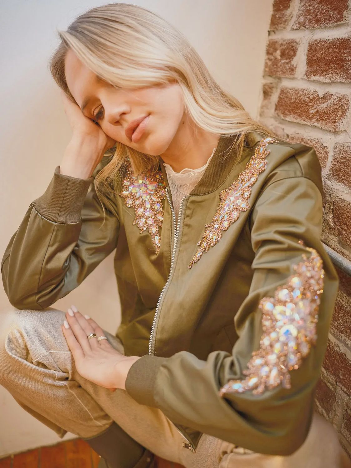 Jade Jeweled Embellished Bomber Jacket