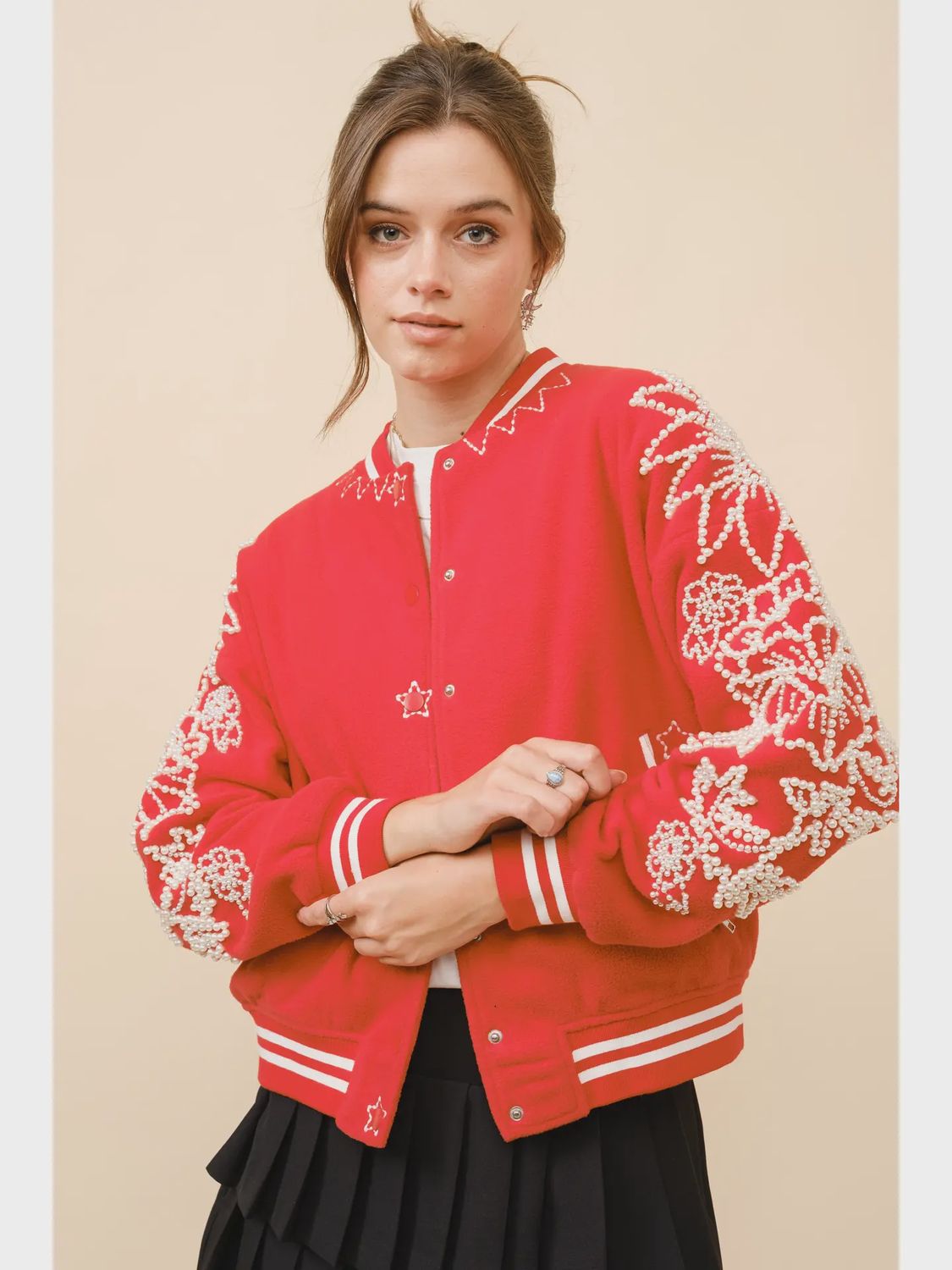 Pearl Embellished Bomber Jacket