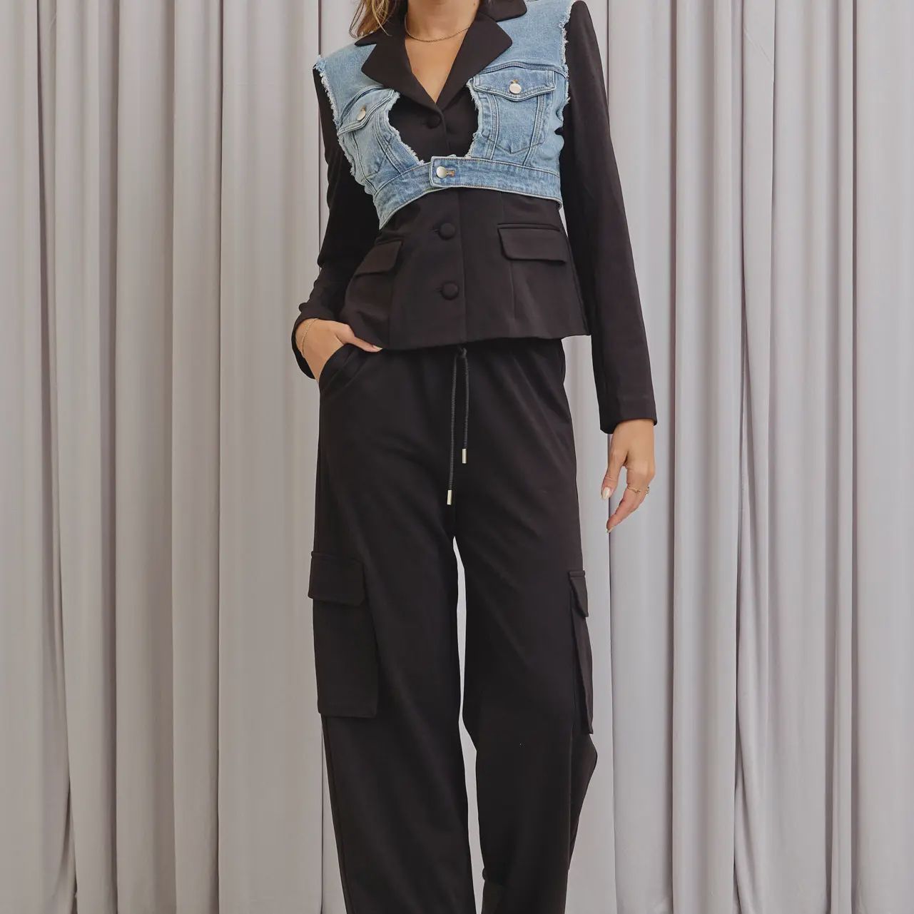 Mona Mixed Fabric Denim Jacket and Pants Set