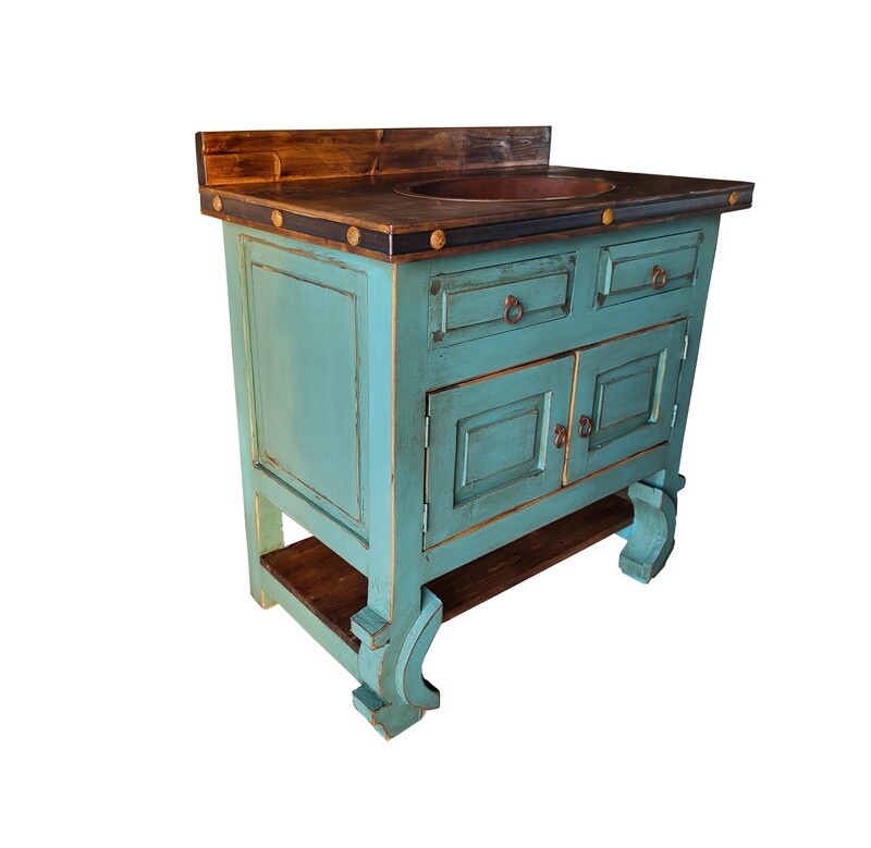 Delano Rustic Turquoise Bathroom Vanity With Copper Sink