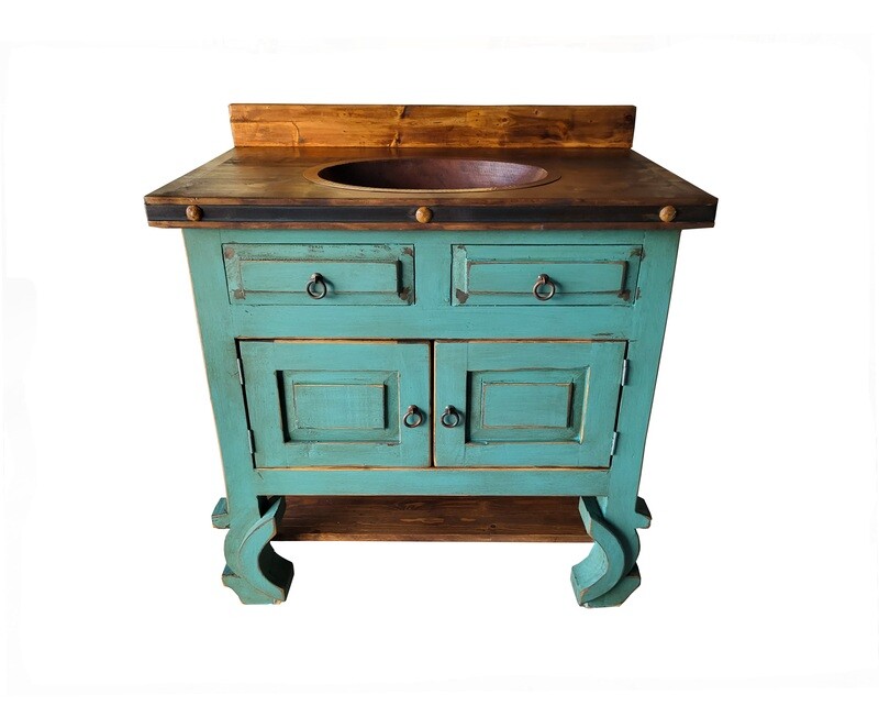 Delano Rustic Turquoise Bathroom Vanity With Copper Sink