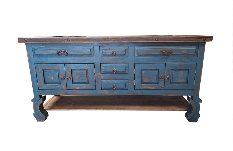 Dan Pio Rustic Blue Bathroom Vanity With Copper Sinks