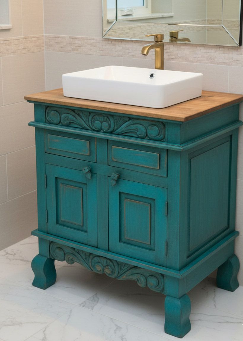 Shipwreck Rustic Carved Wood Bathroom Vanity