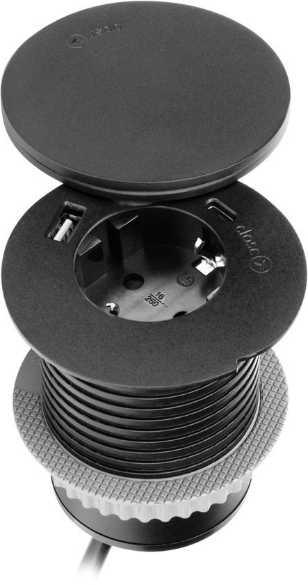 1 Stopcontact, USB (A enC) Qi-oplader 1.5 meter kabel Zwart