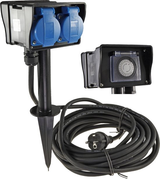 Buitenstopcontact met grondpin - Tuinpaal met stopcontact - Tuinstekkerdoos met timer - Tuinstopcontact met 2m kabel - IP44 Waterdicht - Zwart