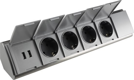 Bureau Stekkerdoos met USB - Stekkerblok met 4 stopcontacten en 2 USB - Verdeelstekker zonder kabel - stopcontact voor max. 3600 Watt - Grijs