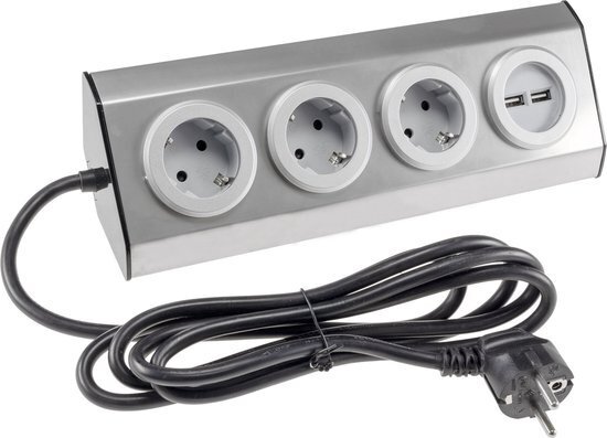 Bureau stekkerdoos met USB - Verdeelstekker horizontaal - Verdeeldoos met snoer 1.9 m - Hoek Stekkerdoos 45° - Zilver