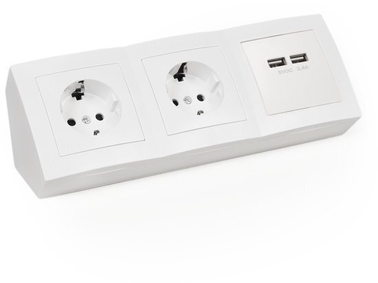 2 stopcontacten, 2x USB - 15 cm kabel - Wit