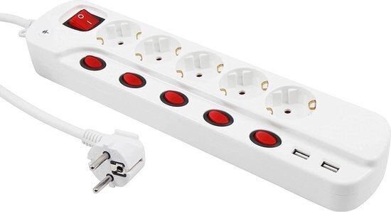 Multiswitch 5xStopcontacten  overbelastings-beveiliging   2xUSB-A 1,5Meter kabel