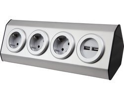 3 Stopcontacten, 2x USB 15cm Kabel Zilver