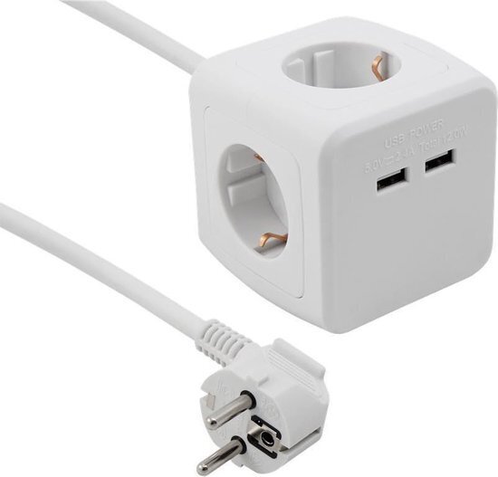 PowerCube 2xUSB-A 4xStopcontact 1,5 meter kabel