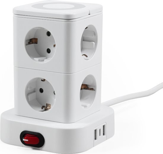 PowerTower 8xStopcontact 2xUSB-A 1xUSB-C Qi-lader -1,4Meter snoer