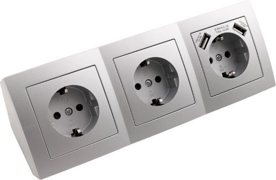 3 stopcontacten 2 USB - 15 cm kabel Zilver