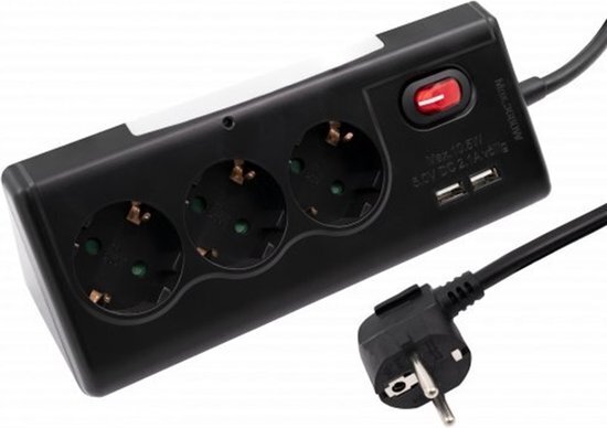 3 stopcontacten, 2 USB Bovenlamp 1,4 Meter Kabel Zwart