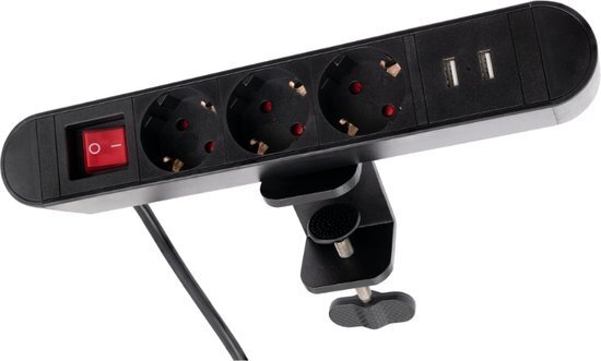 3 stopcontacten, 2x USB Tafelklem met schakelaar 2 Meter Kabel Zwart