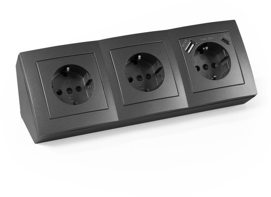 3 stopcontacten 1xUSB-A 1xUSB-C - 15 cm kabel Antraciet
