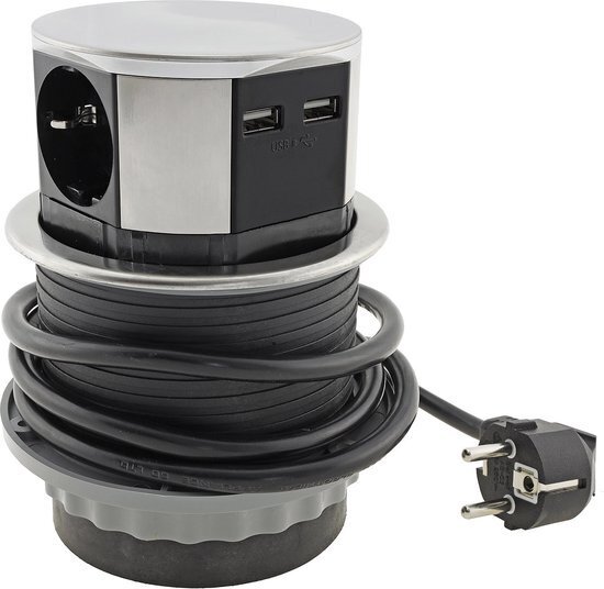 3 stopcontacten, 2x USB 1.5 meter kabel Zilver